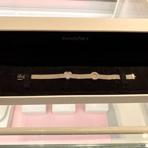 Perfect condition Reflections edition Pandora bracket with 2 charms.